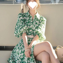 2025春季韩系减龄洋气绿色碎花中袖衬衫连衣裙女多巴胺绝美小裙子