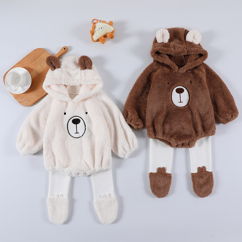  Autumn/Winter New Cute Bear Baby Toddler Onesie Triangular Hooded Sweat Suit with Double Fleece Warmth Climbing Suit
