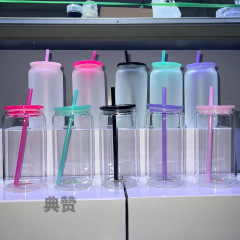 16オンス熱昇華新製品グラスメイソンカップにカラーカバーカラープラスチックストロー付き
