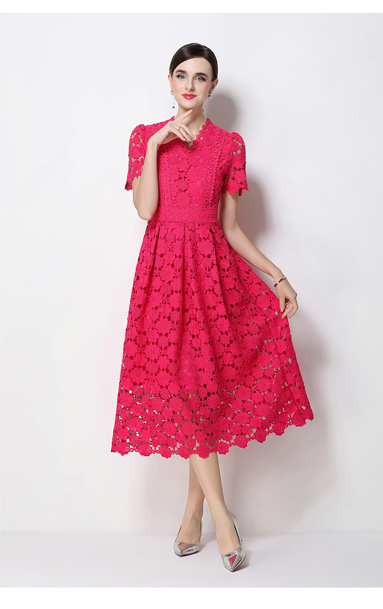 Đầm maxi nữ cổ V ren thắt eo tay ngắn họa tiết rỗng — màu đen, Rượu vang đỏ, màu hồng đậm, màu trắng chi tiết 102