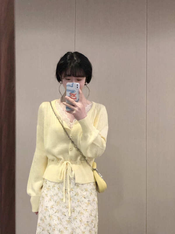 法式甜美黄色U领长袖开衫上衣女收腰显瘦针织衫外套初秋穿搭上衣|undefined