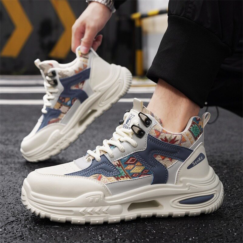 Giày thể thao nam cổ trung, giày sneaker năng động đế dày tăng chiều cao, dây buộc, phối màu — Việt Nam, màu, đen