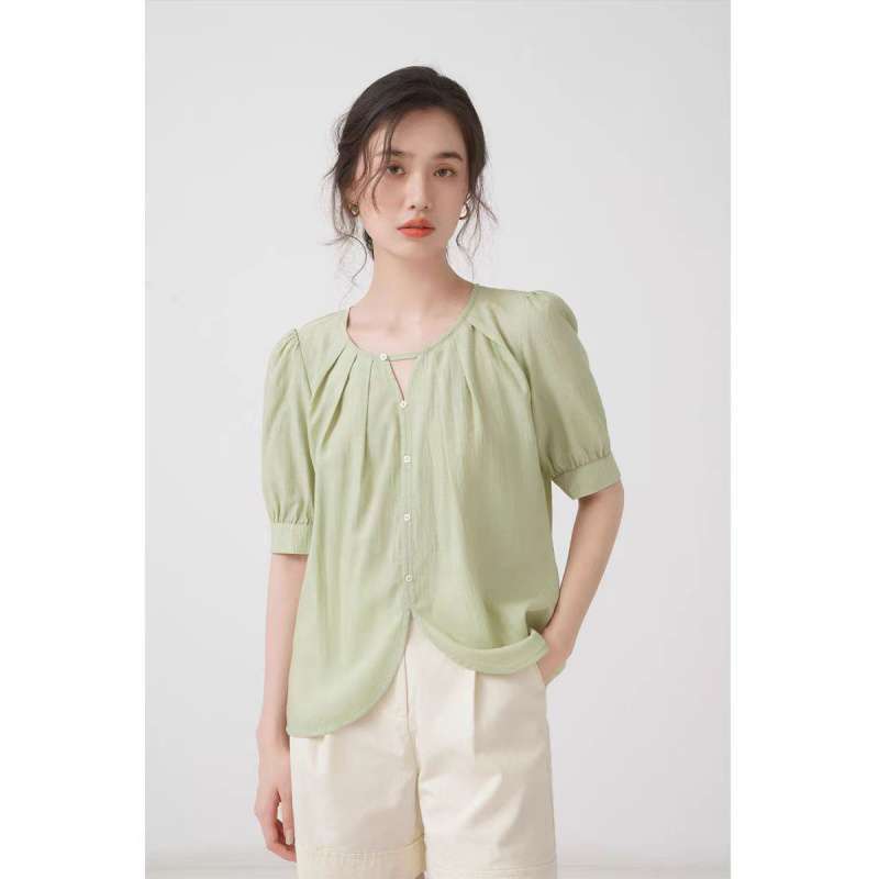 法式薄荷绿短袖衬衫女夏季别致独特漂亮小衫小众设计感上衣