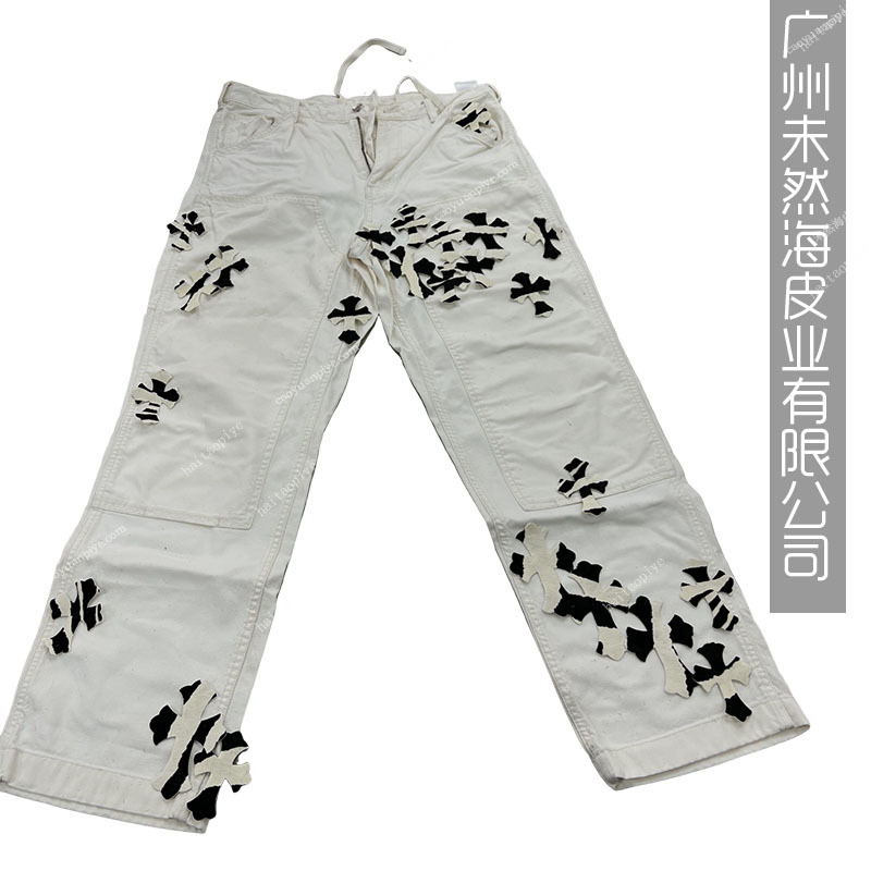 CH马毛斑马纹十字架拼皮补丁潮牌牛仔裤组合补丁贴diy