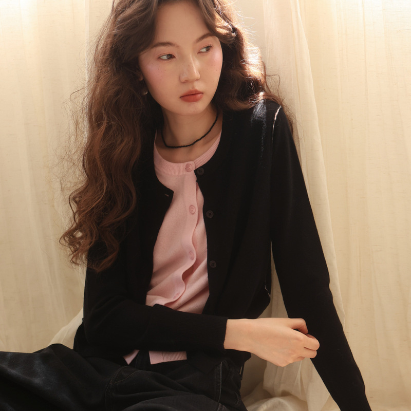 Hanyuan Apparel/Merino 100S All-Wool Skin-Friendly Soft Breathable Miu Style Color-Blocking Faux Two-Piece Cardigan