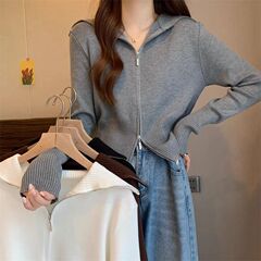 设计感双拉链长袖针织T恤女秋装修身显瘦开衫短款外套上衣服ins