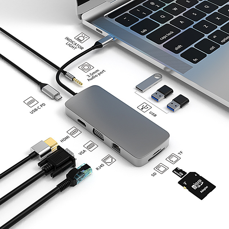 Type-C Docking Station 10-in-1 Multifunctional USB Hub Laptop Converter with Gigabit Ethernet Port Expansion