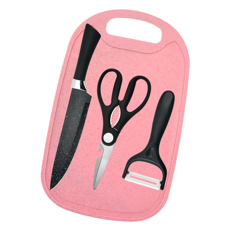 Juego de cuchillos de venta caliente de fábrica con tabla de cortar, súper con agujeros, se puede colgar al por menor y al por mayor, cuchillo de punto de estrella negro, tarjeta de succión de cuatro piezas