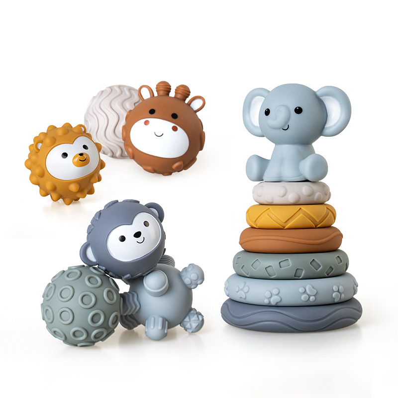 Juguetes transfronterizos de agarre de mano para bebés y niños pequeños, bloques de bloques de goma suave, círculos apilados, pellizcos para bebés, juguetes apilados de bolas image 19