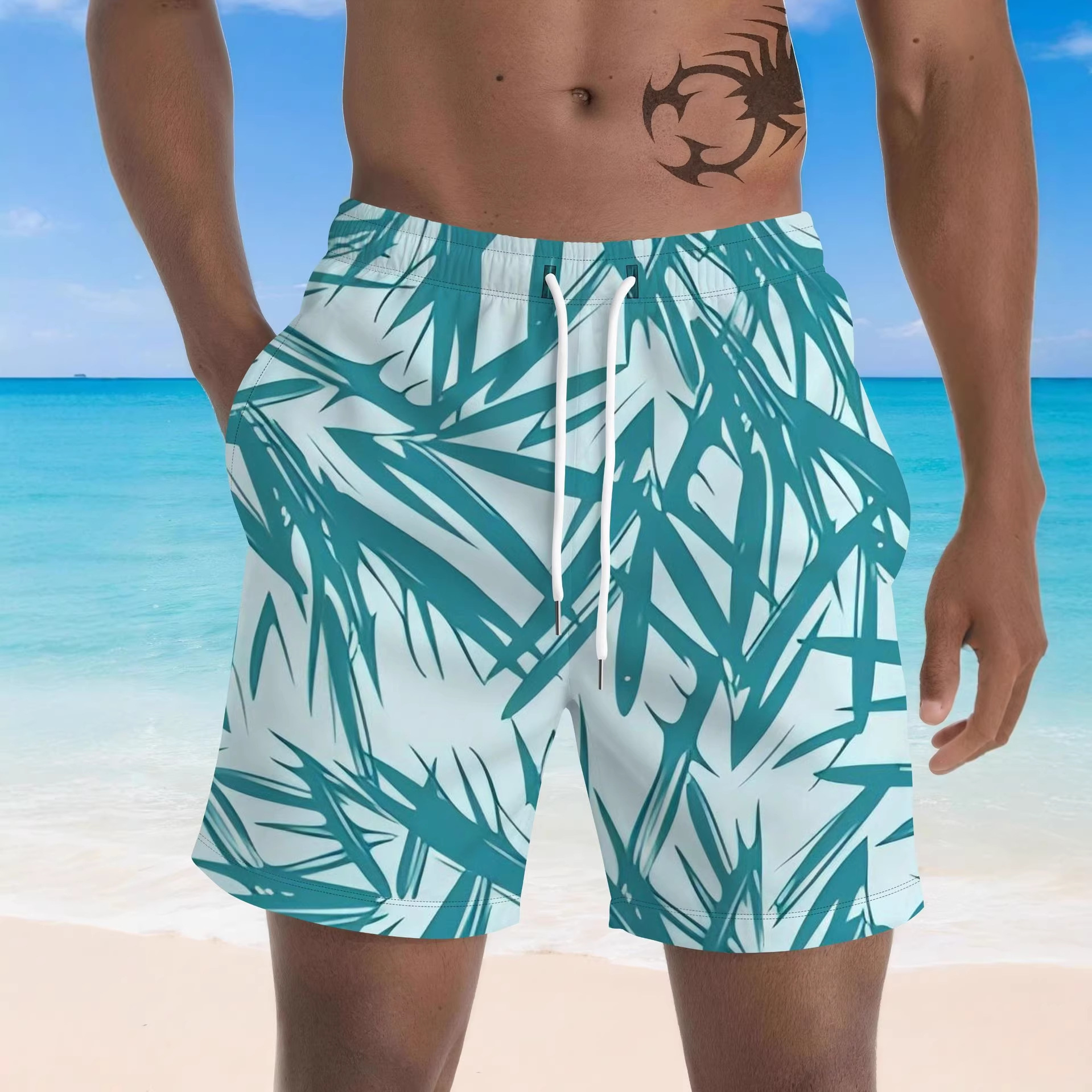 Herren-Shorts mit 3D-Digitaldruck, schnelltrocknend, tropisches Palmenmotiv, Badehose für Strand und Sommer_voghion.com