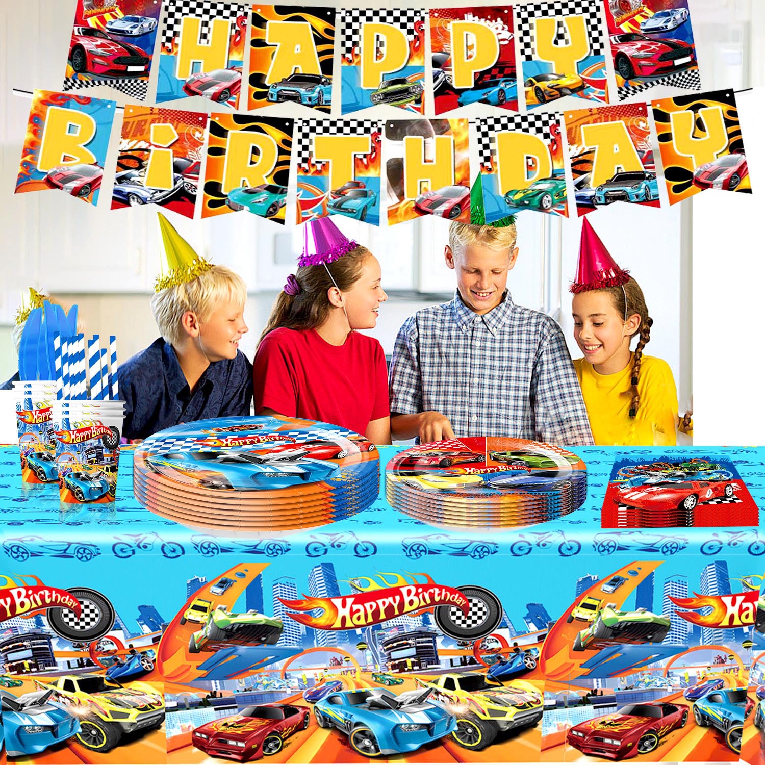Amazon Hot Sale Hot Wheel Racing Theme Party Party cubiertos bandejas de papel tazas de papel bandejas de tracción