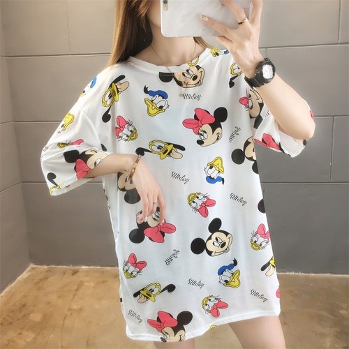 103# Super Hot Instagram Spring and Summer Korean Style Casual Versatile Cartoon Mickey Loose Medium-Long Sleeve T-Shirt Top