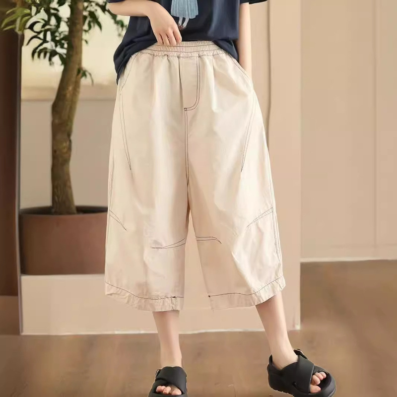 Vintage Three-dimensional Stitching Cotton Casual Pants Women's Fashionable Overline Wide-leg Pants Slimming Loose Capri Pants