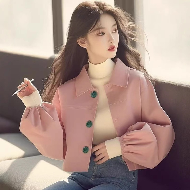 小个子2025秋冬新款爆款上衣韩系穿搭高级感粉色灯笼袖立领外套女