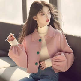 小个子2025秋冬新款爆款上衣韩系穿搭高级感粉色灯笼袖立领外套女