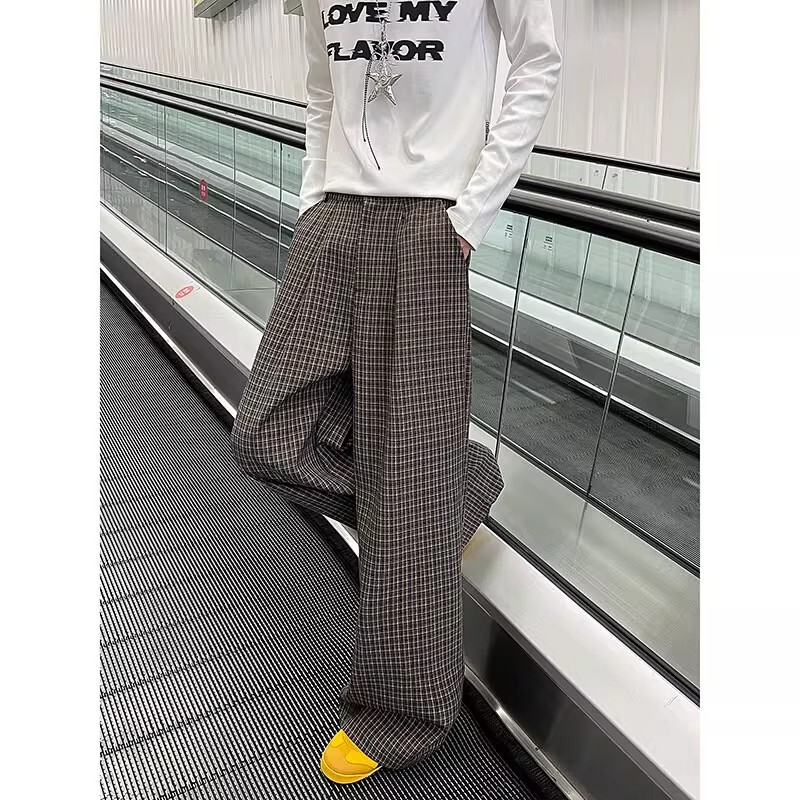 Old Money Style Brown Plaid Pants Men's American Retro Lazy Style Scimitar Trousers Drapey Straight Wide-Leg Pants