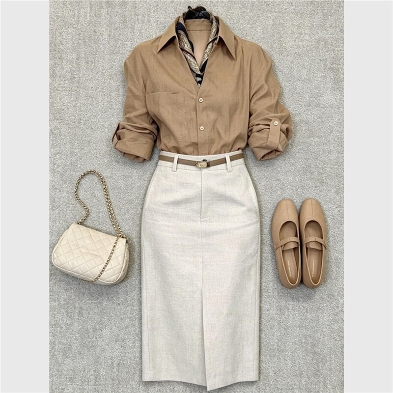 Shenzhen Nanyou's Elegant and Sophisticated Old Money Style Khaki Linen Shirt and Skirt Set Shenzhen Nanyou's Elegant and Sophisticated Old Money Style Khaki Linen Shirt and Skirt Set