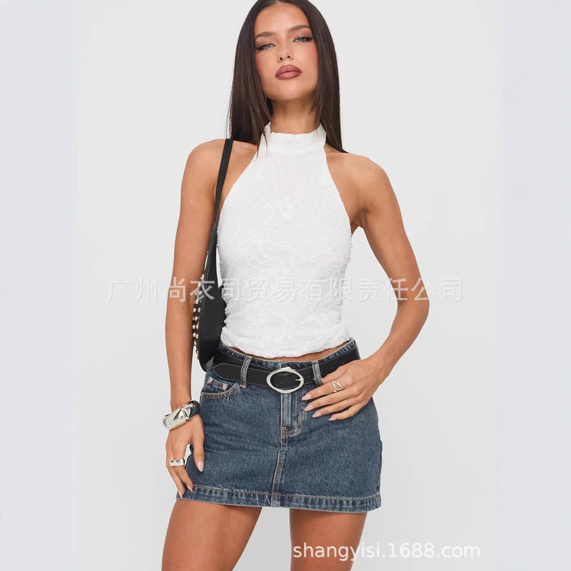 2026 Spring New European and American Cross-Border Lace Solid Color Textured Cross Halter Neck Sleeveless Versatile Shirt T-Shirt 2026 Spring New European and American Cross-Border Lace Solid Color Textured Cross Halter Neck Sleeveless Versatile Shirt T-Shirt