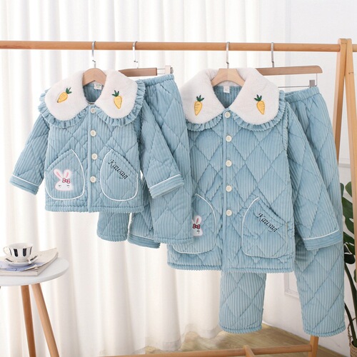 Flannel parent-child pajamas for women and children, three-layer thickened quilted warm home clothes set, mother and daughter clothing