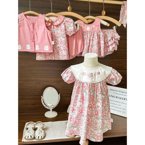 Qiu Duomeng girls pink rabbit floral series shirt vest skirt suit summer shorts children's dress