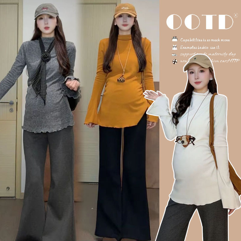 Maternity Base Layer Top with Winter Thickened Warm Fleece Half-Turtleneck Knitwear, Autumn and Winter Bell-Sleeve Base Shirt