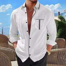 2024 跨境亚马孙Wishebay 新款男士商务休闲拼色口袋宽松长袖衬衫