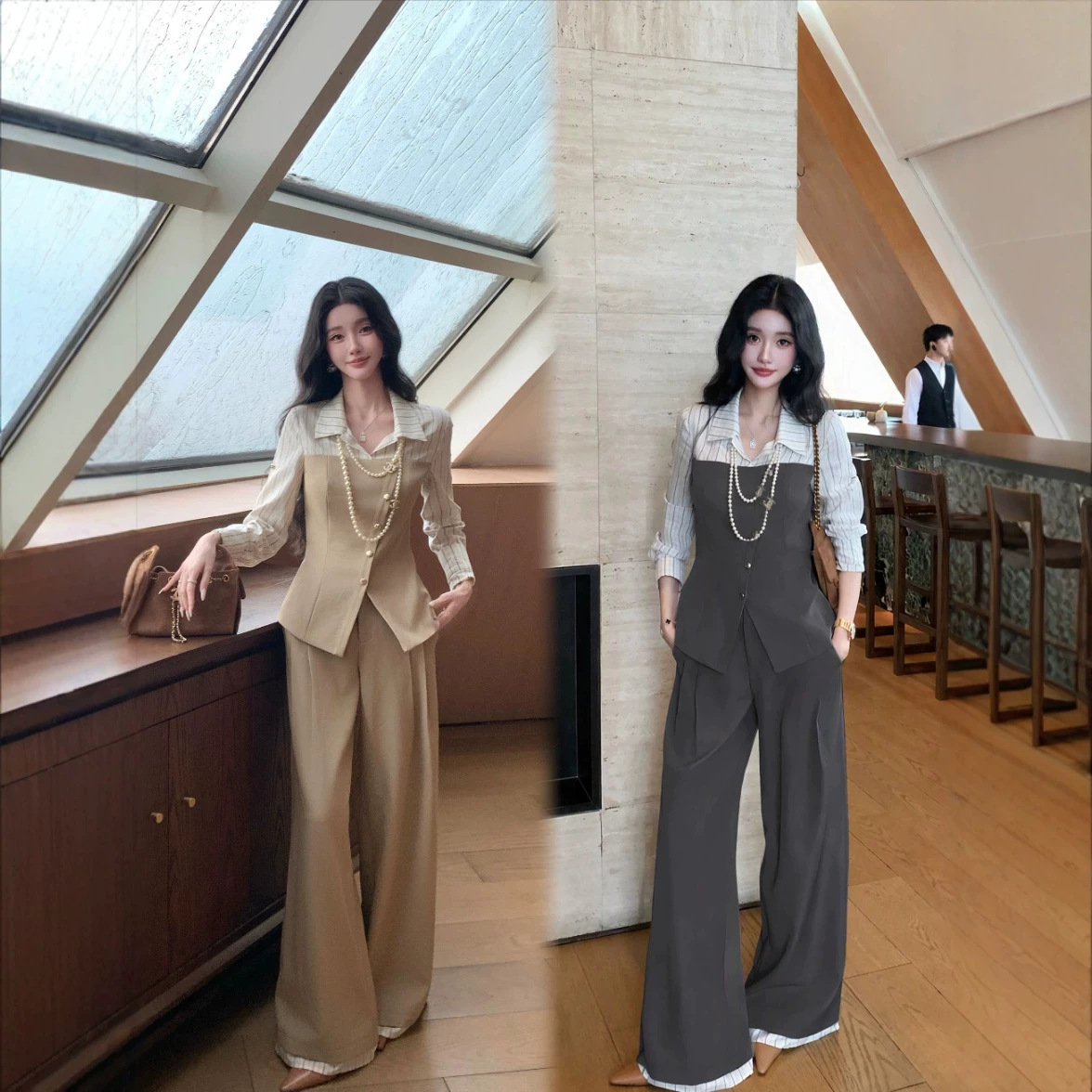 Barb chi「智性时髦 」天丝亚麻假两件衬衫上衣+阔腿西装裤套装产品实拍图_女装货源实拍