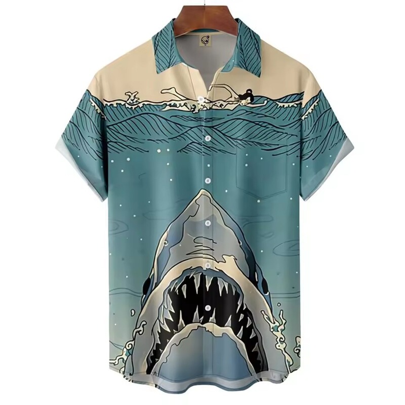Fun Anime Shark Big Mouth Survival 3D Printed Men's Beach Vacation Loose Hawaiian Shirt Factory Direct Sale