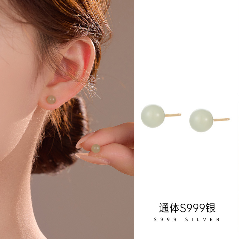 Rongshuxia S999 シルバー天然ホータン翡翠イヤリング女性のためのシンプルなレトロハイエンド 2025 新しいホットスタイルイヤリング卸売|undefined