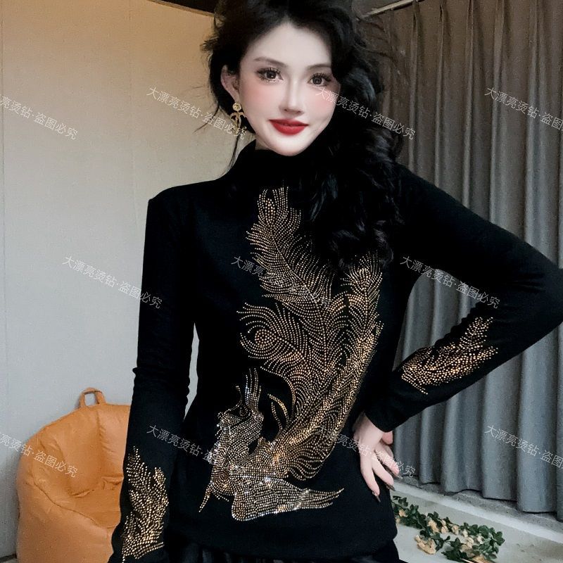 春秋新款打底衫女装内搭半高领感气质重工烫钻长袖T恤女上衣