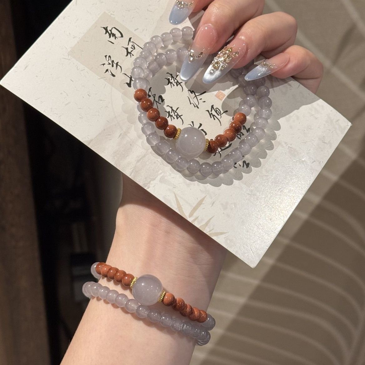 Estilo chino de estilo nacional humo púrpura gris doble anillo cuentas de mano estilo antiguo de alto valor de cara pulsera buena suerte temperamento variado joyería de mano