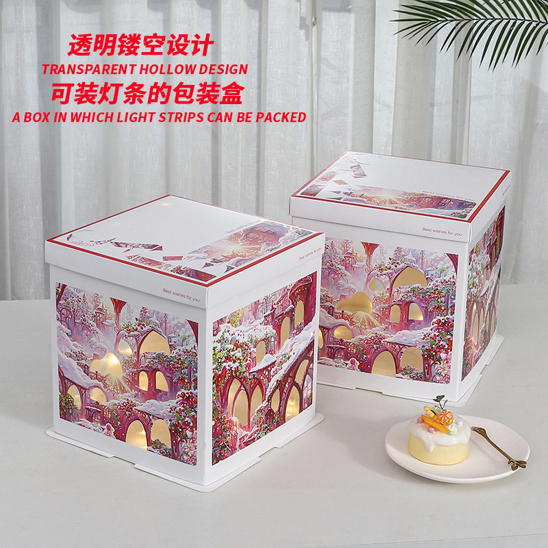 Caja para Pastel de Cumpleaños, Caja de Embalaje para Pastel de 6, 8 y 10 Pulgadas, Caja para Pastel con Luces Navideñas, Caja de Regalo para Fiestas