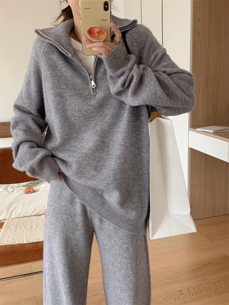Women’s Korean Style Knit Sweater & Wide Leg Pants Set – Lapel Half-Zip Lounge Suit (One Size, 6 Colors)_voghion.com