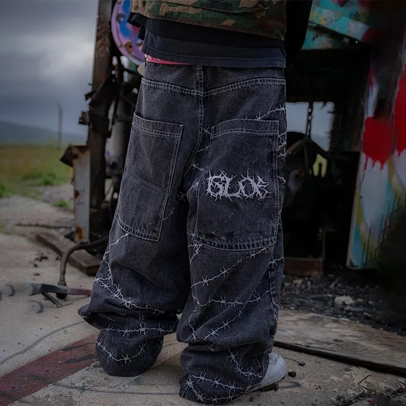 European and American Cross-Border Y2K American Retro Street Hip-Hop Washed Embroidered Design Jeans Loose Wide-Leg Pants Trendy