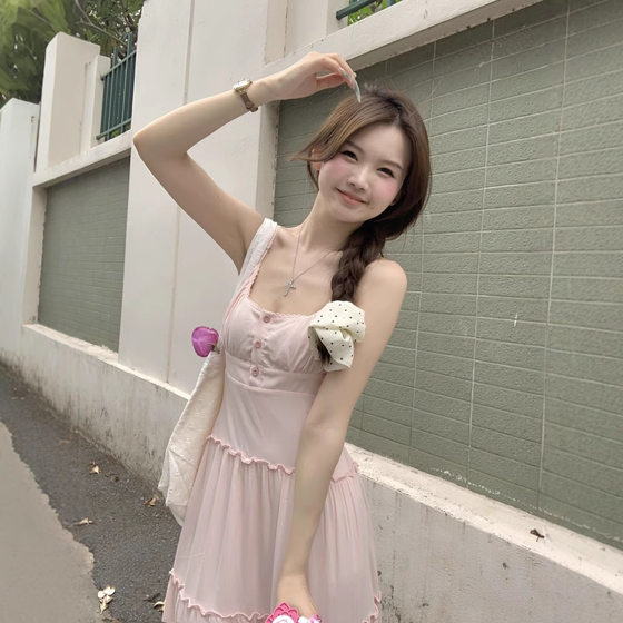 2025 Early Spring New Style Gentle French Style Pink Sling Dress Summer Women's Dress for Small Fairy Long Dress