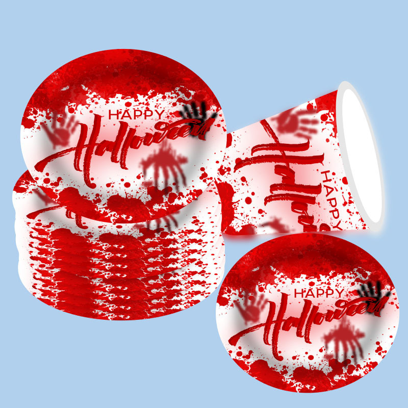 New Halloween theme tableware supplies horror party decoration arrangement blood handprint paper cup paper plate set wholesale New Halloween theme tableware supplies horror party decoration arrangement blood handprint paper cup paper plate set wholesale
