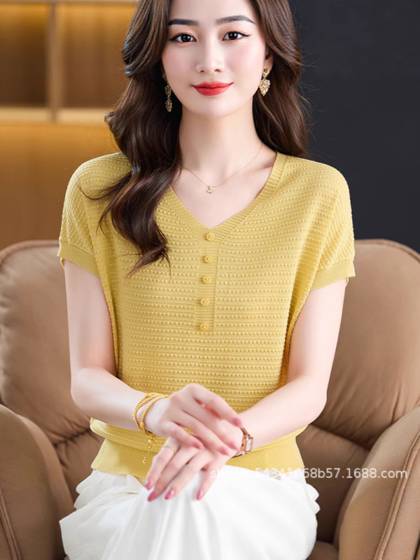 夏季冰丝针织短袖t恤女2025年新款时尚百搭V领薄款舒适T恤上衣女|undefined