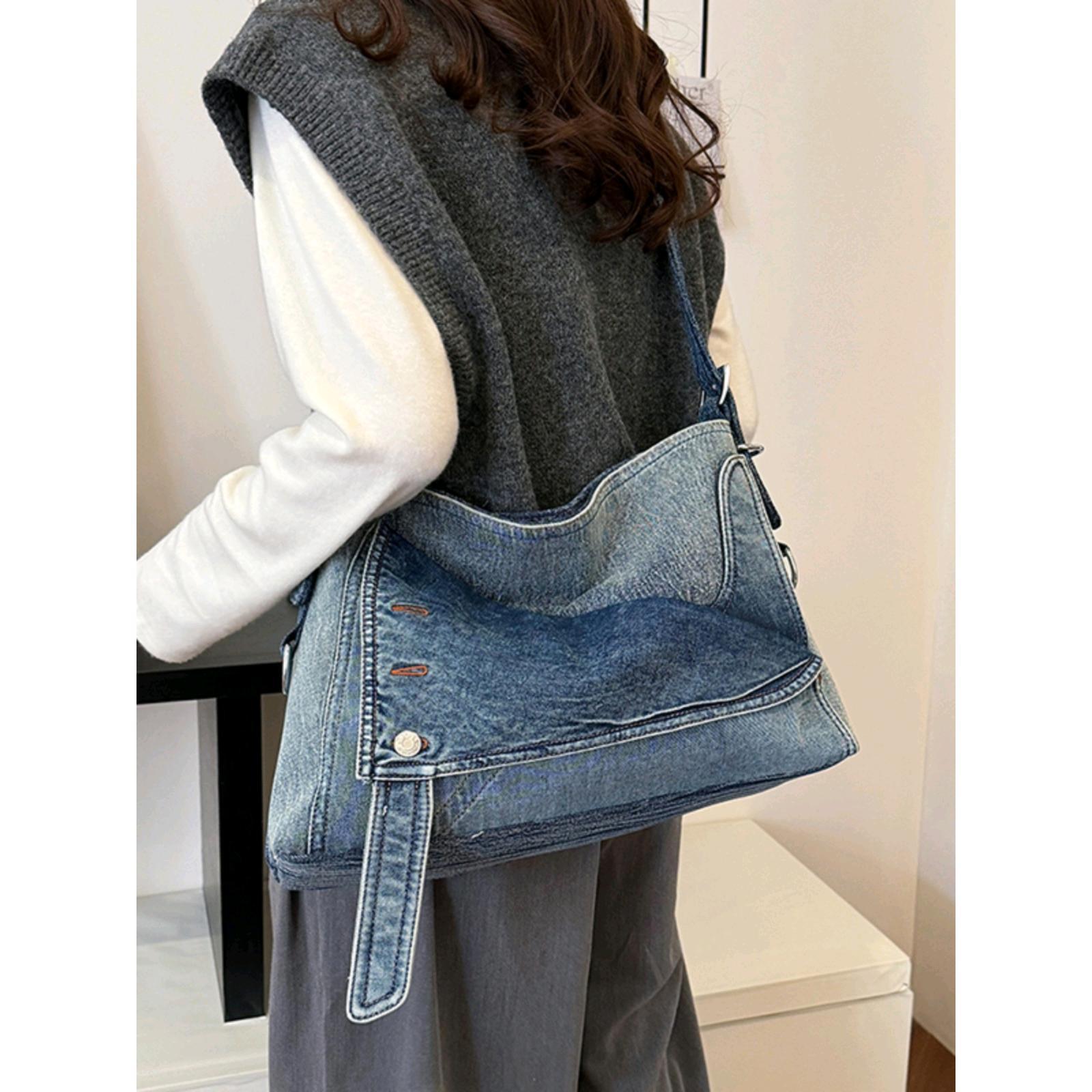 Bolso de gran capacidad de mezclilla retro de moda para mujer 2024 otoño e invierno nuevo estilo mensajero de cercanías bolso grande de hombro bolso Tote