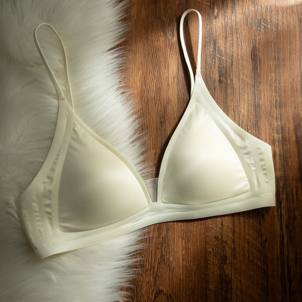 CynL Milk Satin French Style Deep V-neck Underwear Women's Summer Thin Shoulder Strap Non-marking Triangle Cup Small Chest Non-rimless Thin Bra