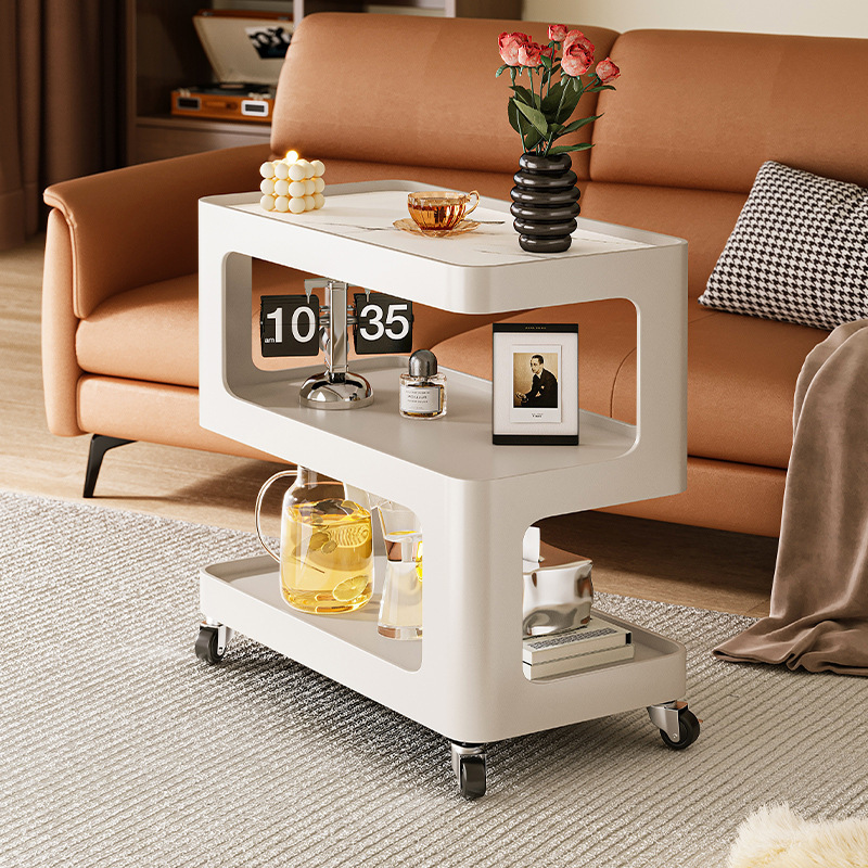 Cream Style Side Table Sofa Side Cabinet with Wheeled Rock Plate Small Coffee Table Living Room Household Simple Iron Storage Rack Bedside Table