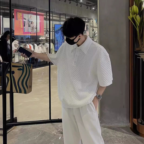 Summer Textured Polo Shirt for Men, Short Sleeve, Loose and Simple, Solid Color Printed T-Shirt Top