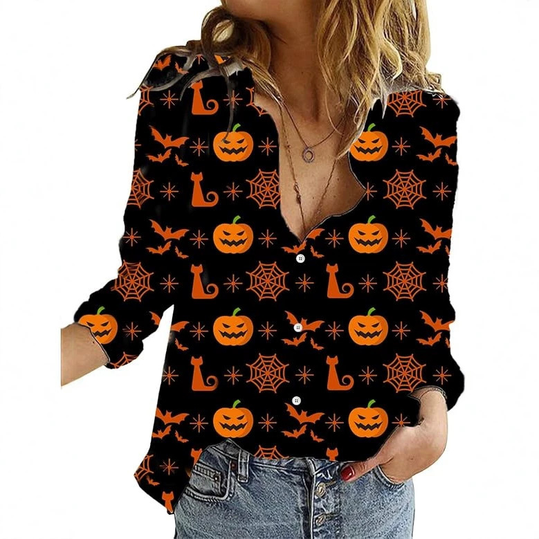 Amazon cross-border site women's new Halloween button-up cardigan 3D digital print long-sleeve shirt