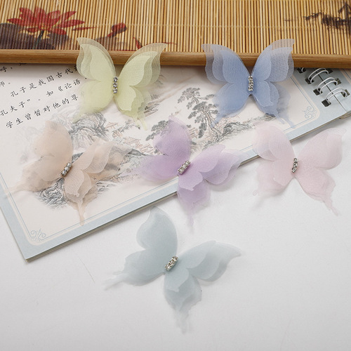 Summer three-layer rhinestone three-dimensional tulle butterfly colorful simulated fabric DIY hair accessories clothing accessories
