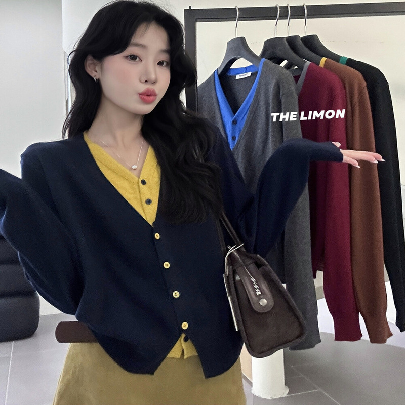 thelimon柠檬绿茶2025秋季新款设计感拼接假两件针织衫女毛衣外套|undefined