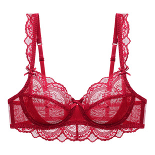 European and American Sexy Underwear Women's Ultra-thin Non-sponge Transparent plus size Bra Large Chest Small Anti-sagging Lace Bra