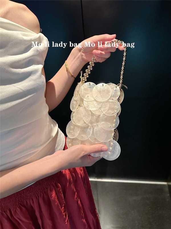 天然貝殻新色手織り貝殻バッグファッションカラー女性ハンドバッグビーズチェーン魚鱗バッグ|undefined
