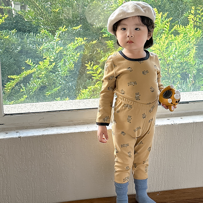 Ropa de otoño del bebé pantalones largos traje algodón los niños invierno cepillado estilo Coreano ropa interior térmica lana estante sin hueso Pijamas