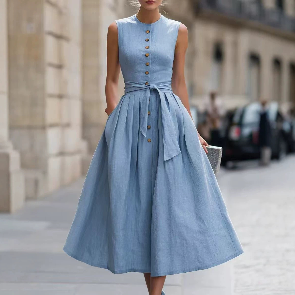 2026 European and American Cross-Border Amazon Independent Site New Elegant and Minimalist Cotton and Linen Women's Sleeveless Dress