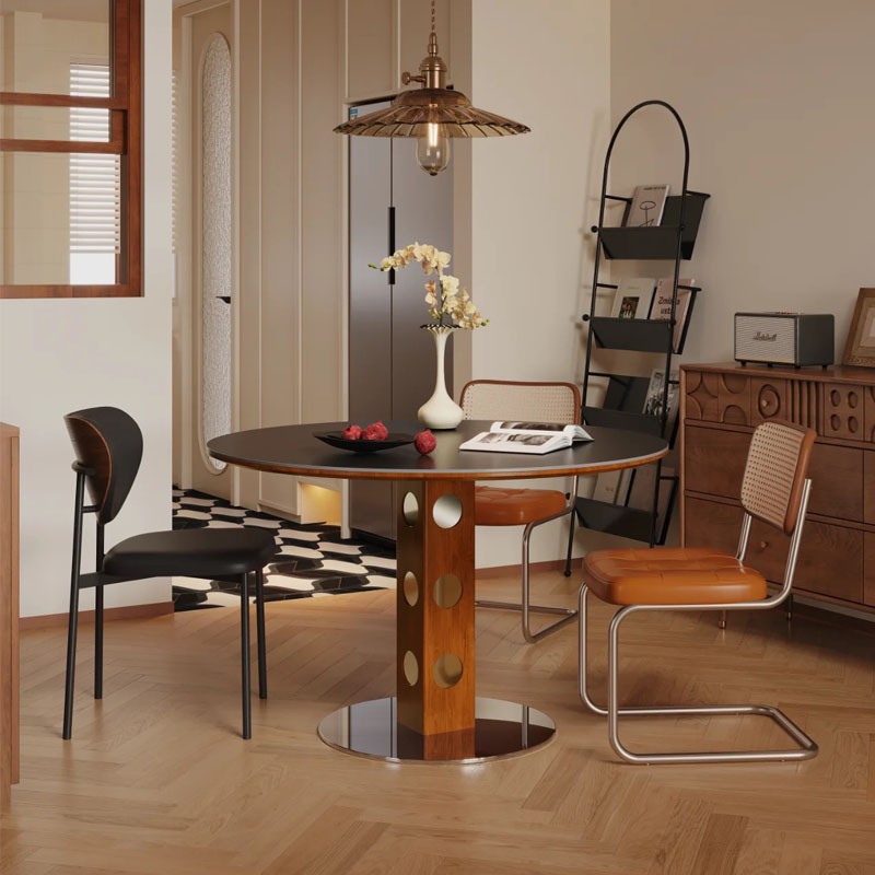 中古风实木圆型餐桌可折叠转变成长方形功能餐台家用小户型岩板桌 2