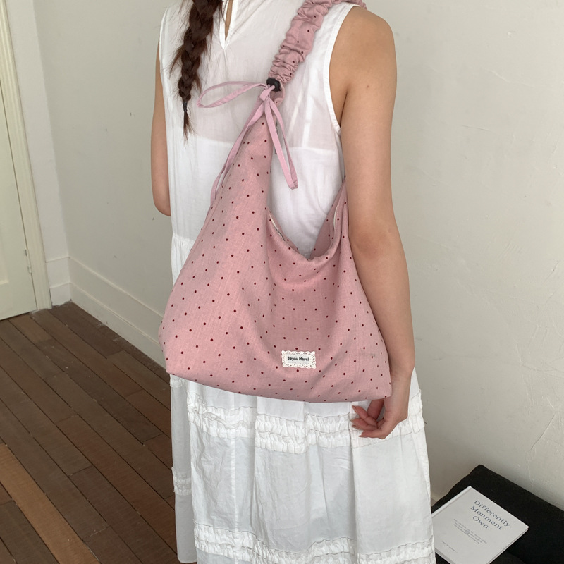 2026 New Korean Style Niche Polka Dot Shoulder Bag For Women Large Capacity Canvas Tote Bag Versatile Crossbody Bag - Thumbnail 2
